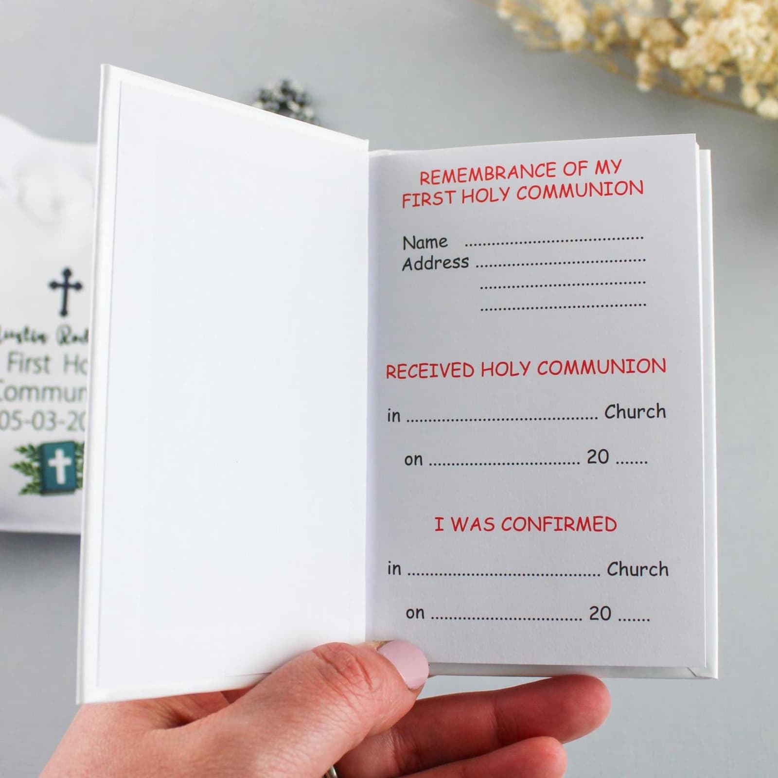 A precious religious themed gift set included with : a personalised white satin pouch bag, a rosary and a little gift tag. With option to add a beautiful ,My First Missal book - Remembrance of First Holy Communion.