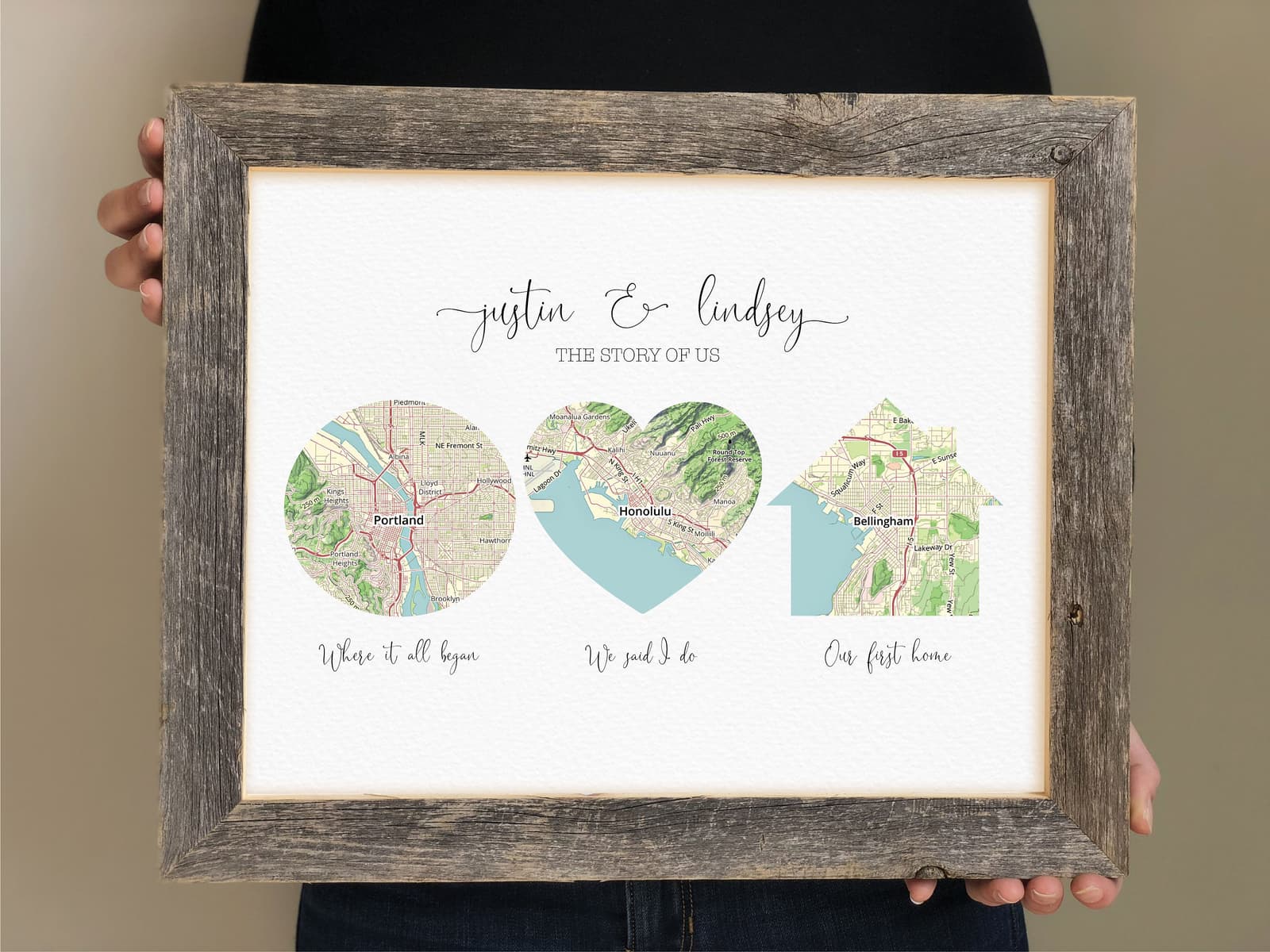 Lámina personalizada con mapas de vuestra historia para tu esposo,