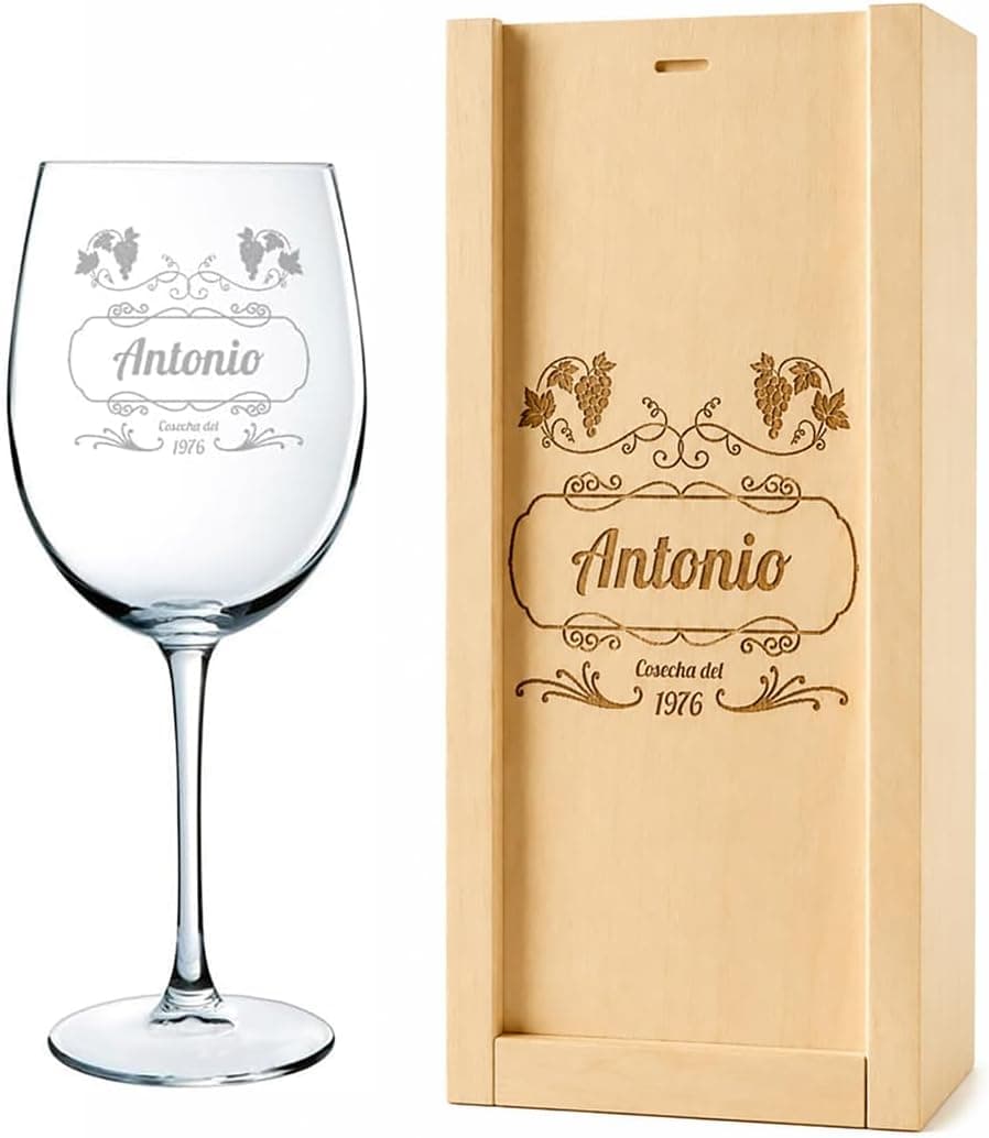 Copa de vino personalizada con soporte de madera