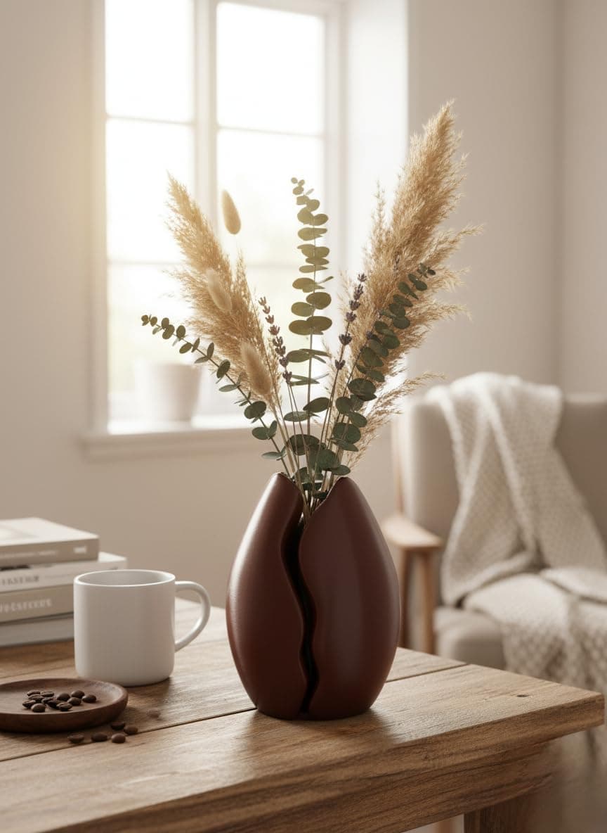 Detalle del jarrón para flores secas con forma de grano de café