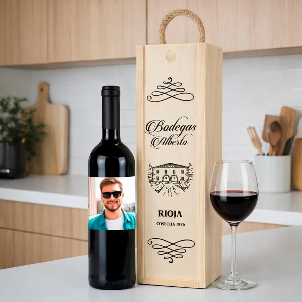 Caja de madera con asa de cuerda para la botella de vino