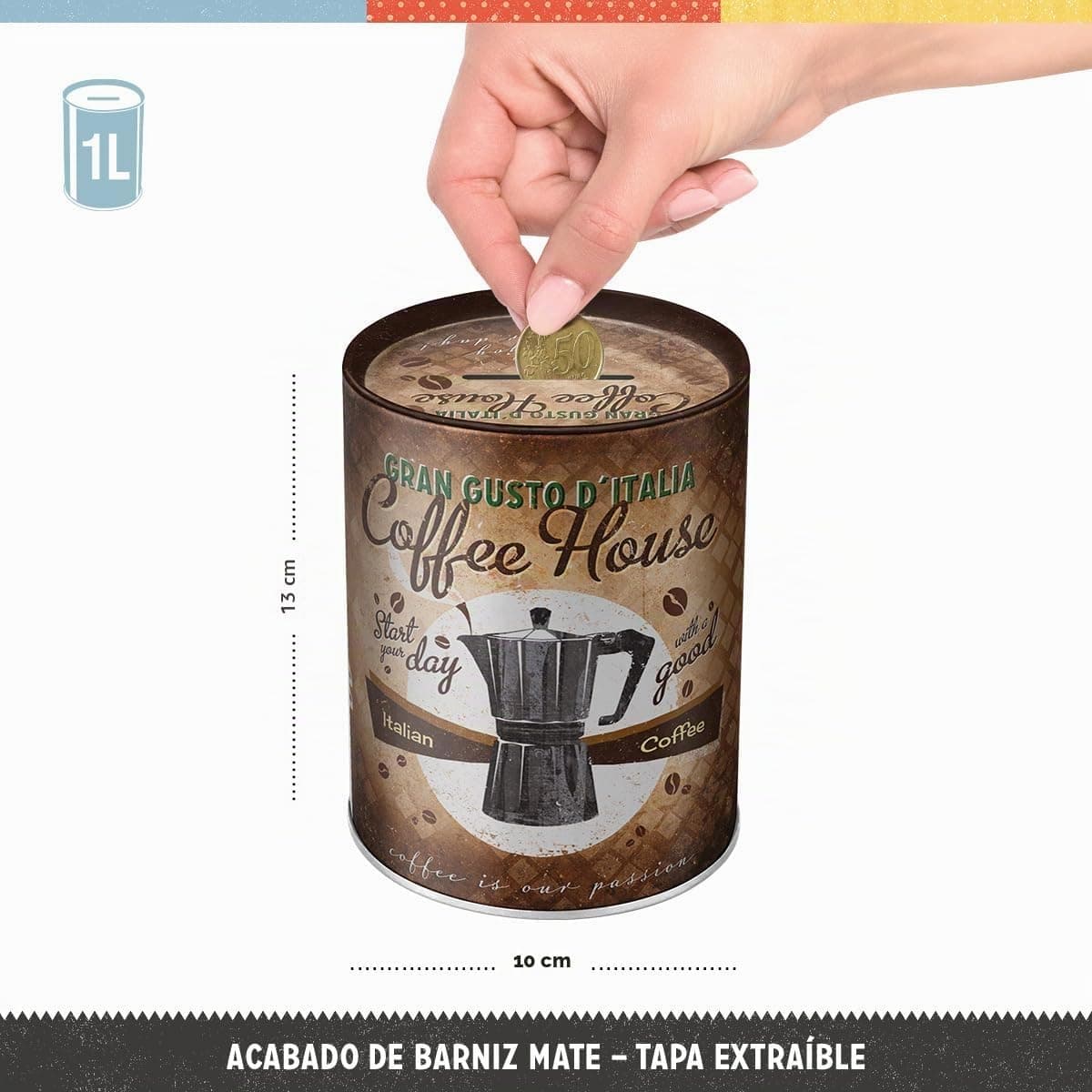 Detalle del acabado metálico vintage de la hucha
