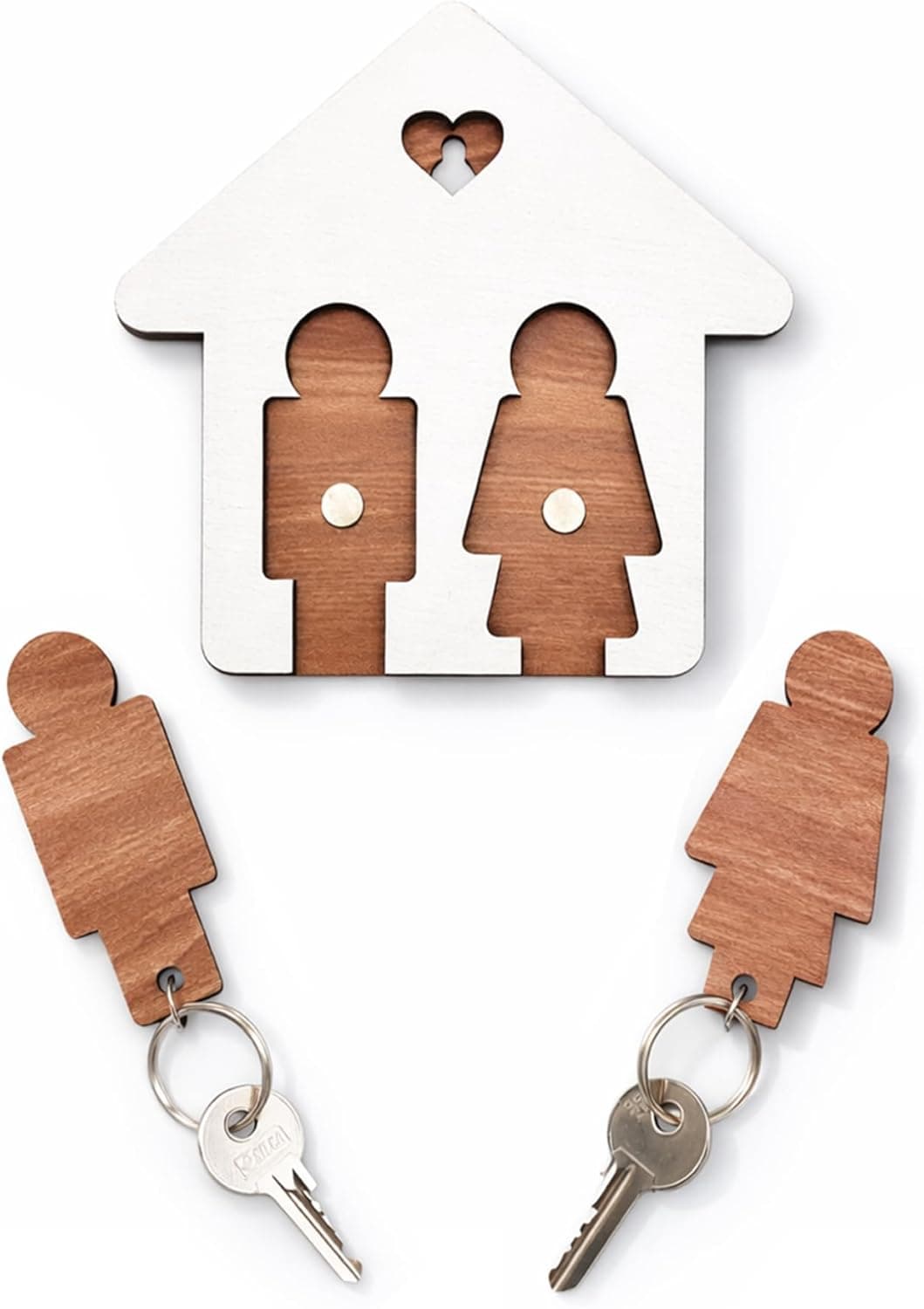 Llavero doble de madera con forma de casita para pareja