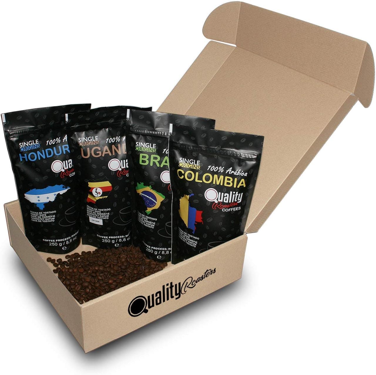 Caja de regalo con cuatro paquetes de café en grano