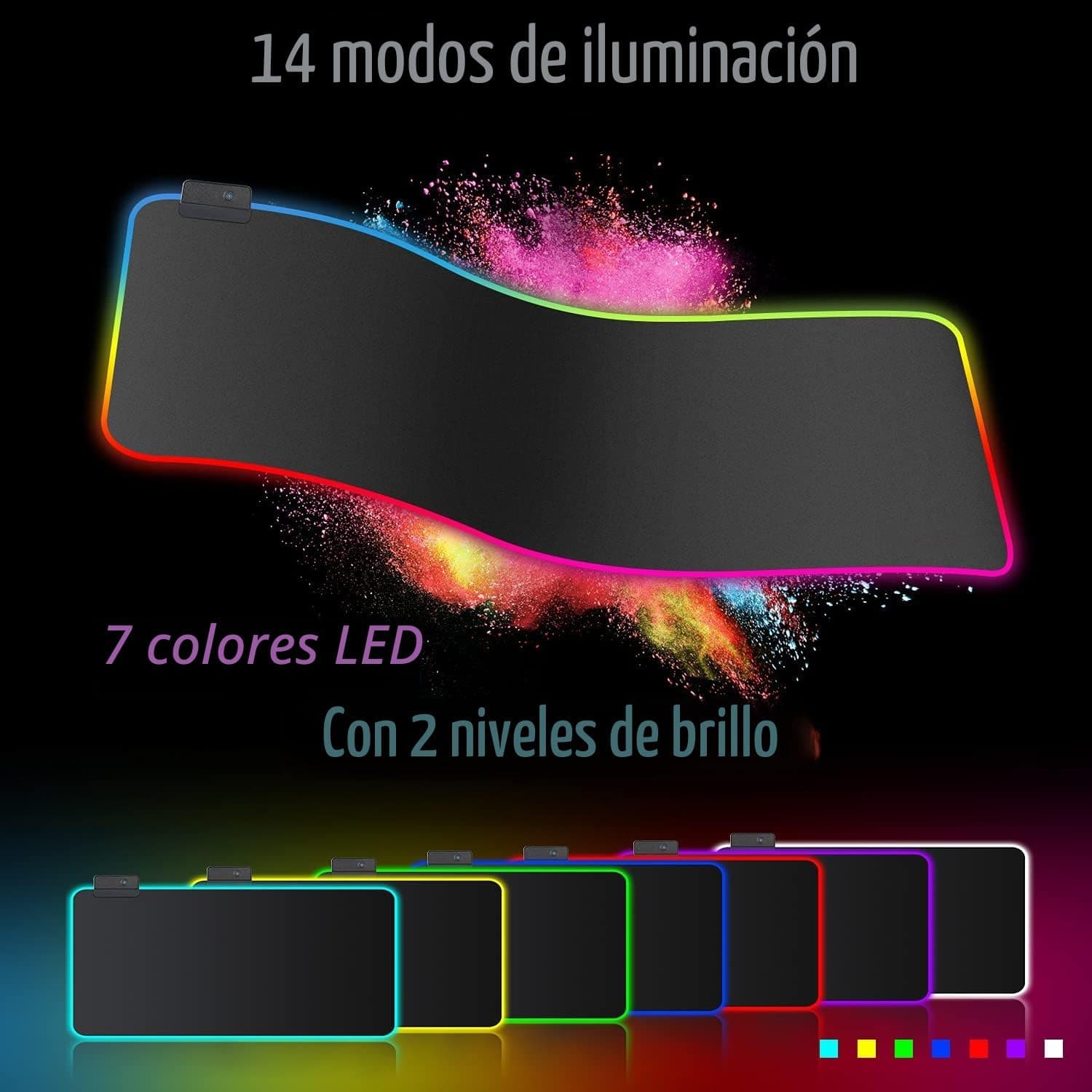 Alfombrilla gaming RGB extendida junto a teclado y ratón