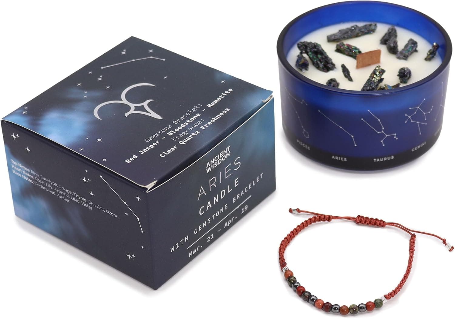 Vela perfumada del signo Aries con piedras naturales