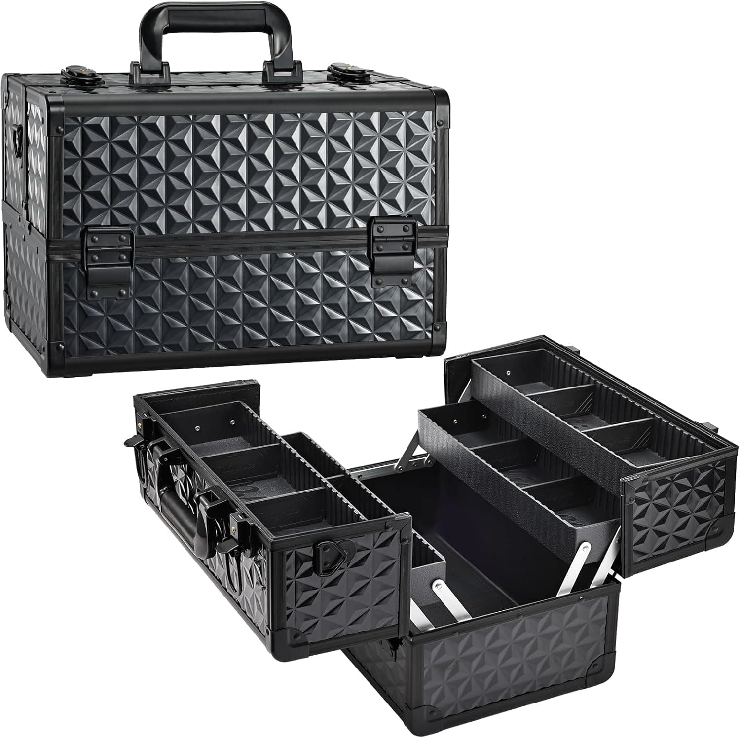 Maletín de maquillaje negro de aluminio, cerrado y abierto mostrando sus cuatro bandejas plegables con compartimentos