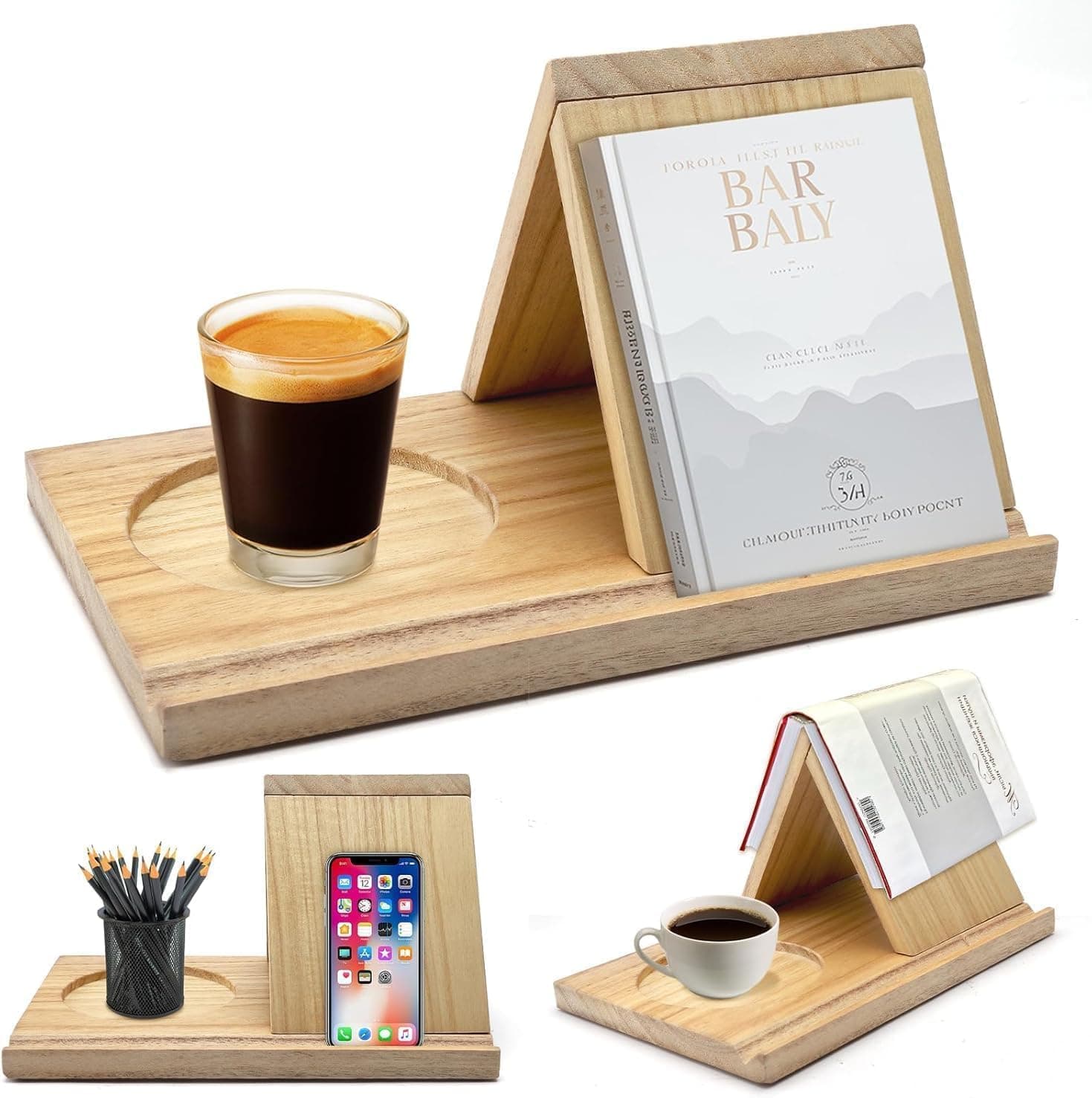 Soporte triangular de madera para libros