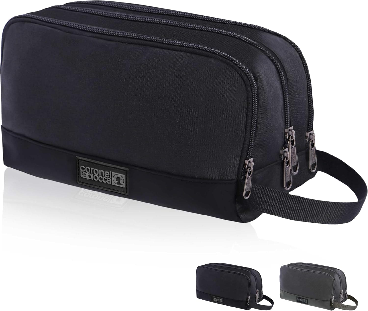 Neceser negro con tres compartimentos con cremallera y asa lateral, junto a las versiones en gris y verde