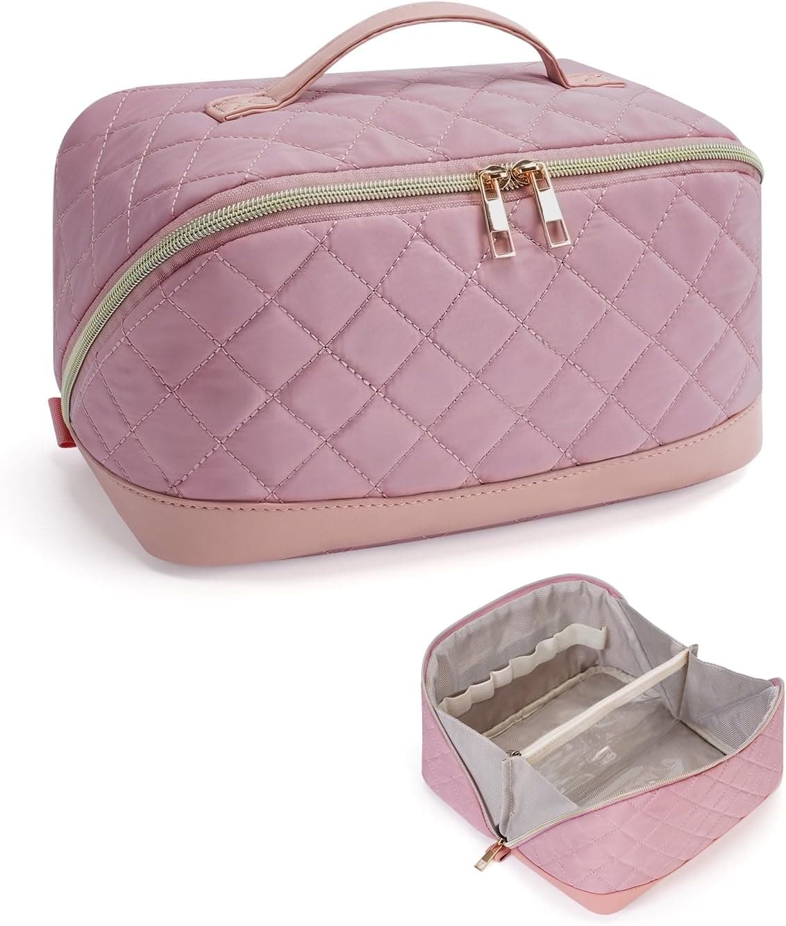 Neceser acolchado en rosa con asa, junto a una vista interior mostrando el separador transparente y los compartimentos