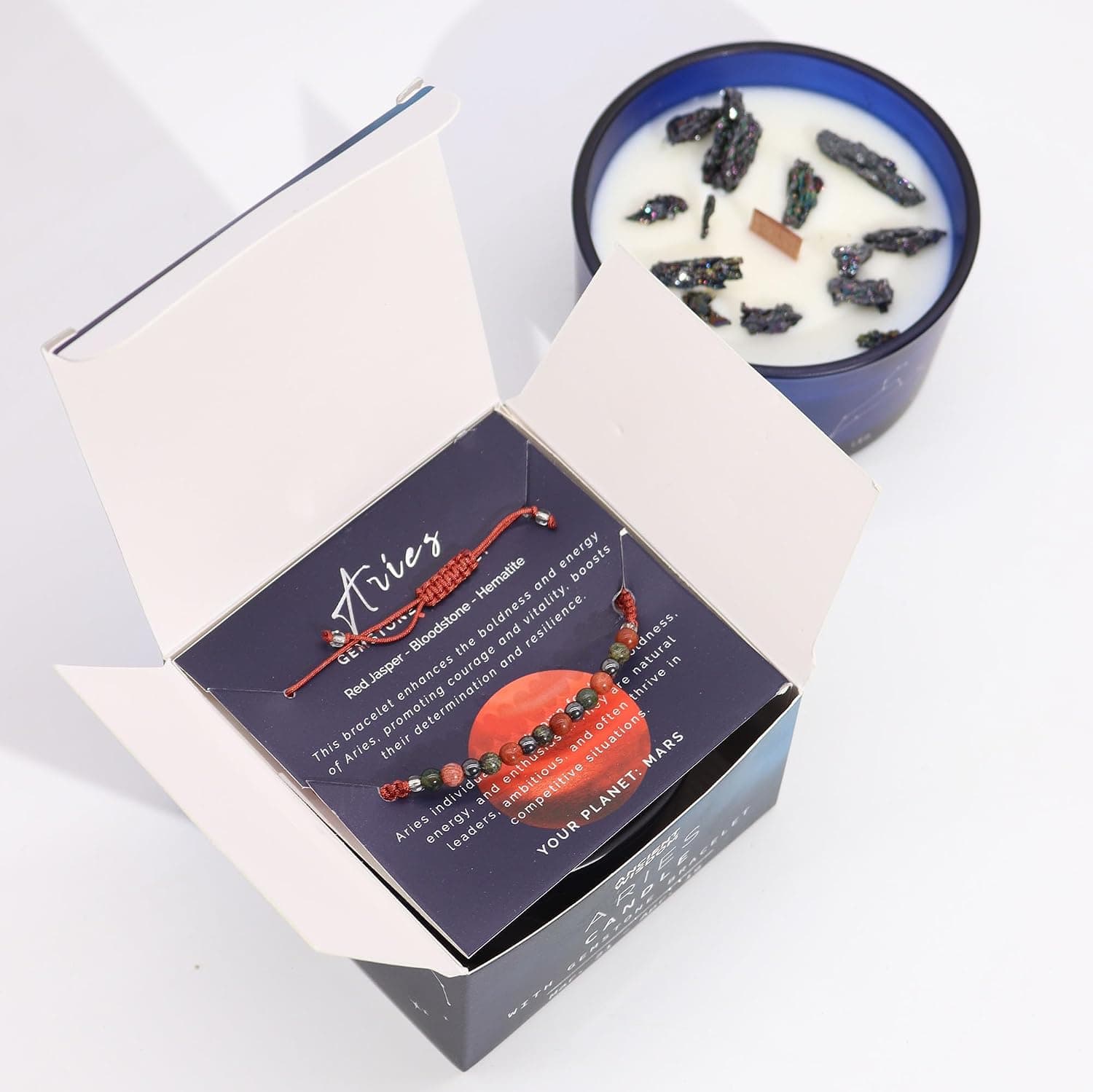 Cajita de regalo con la vela y la pulsera de Aries