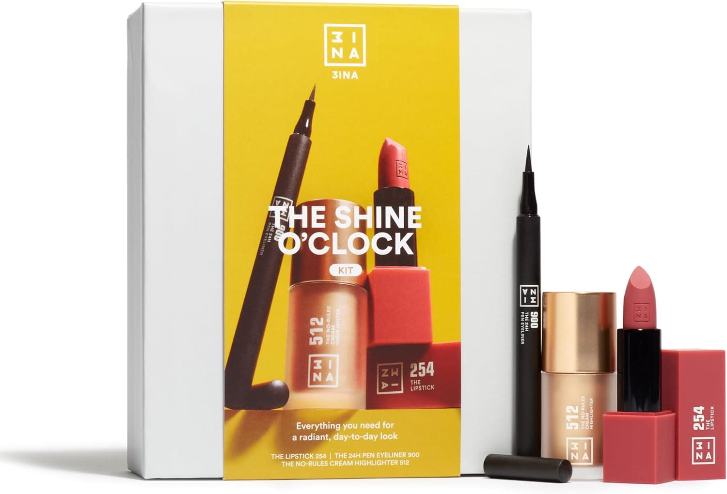 Caja del set The Shine O Clock de 3INA en amarillo y blanco, junto al delineador, el iluminador en crema y el pintalabios que incluye