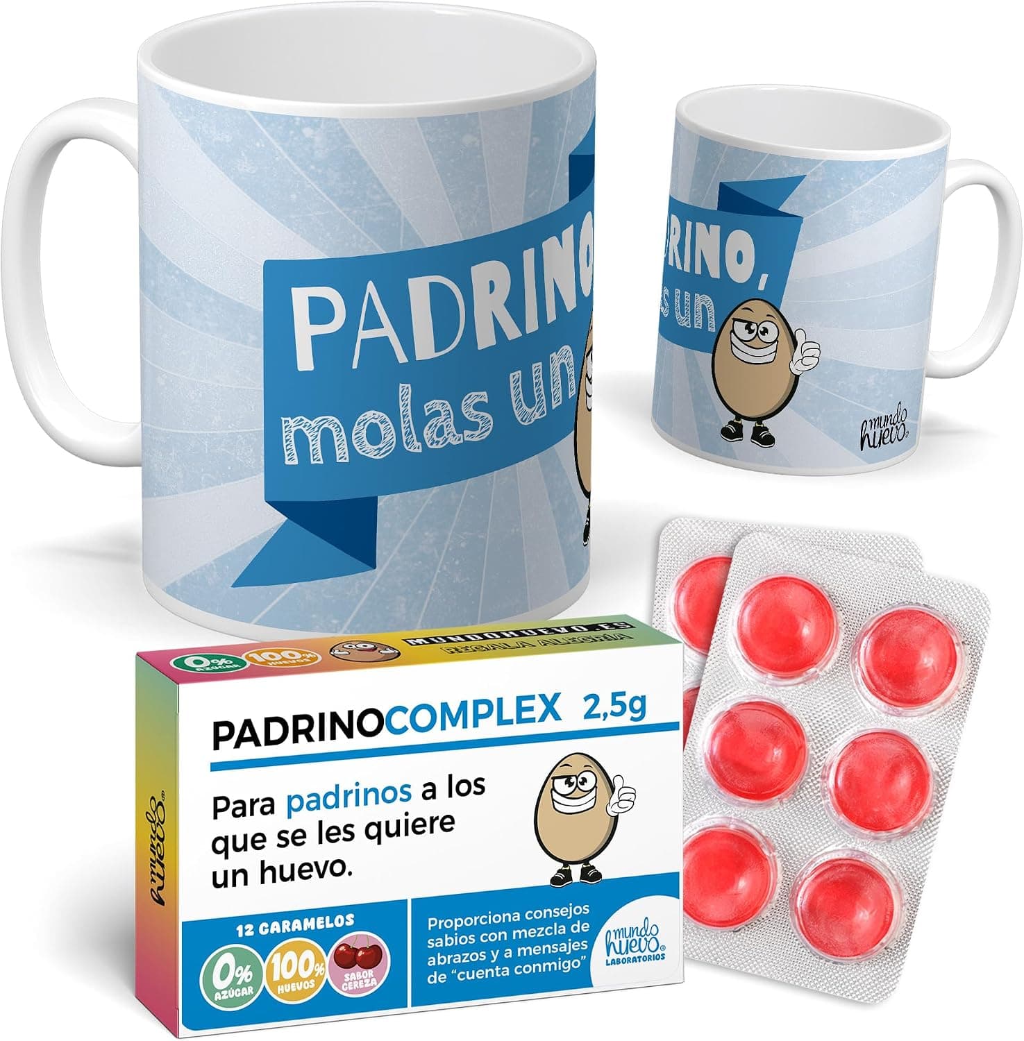 Pack con taza y caramelos de broma para padrinos