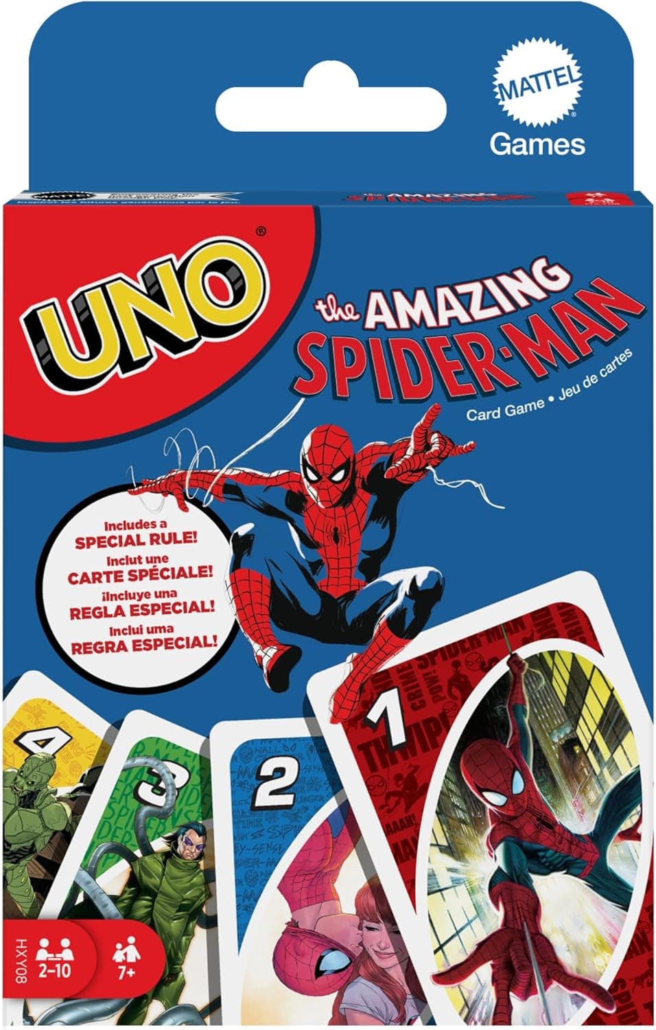Caja de UNO Spider-Man de Mattel Games con ilustraciones del superhéroe