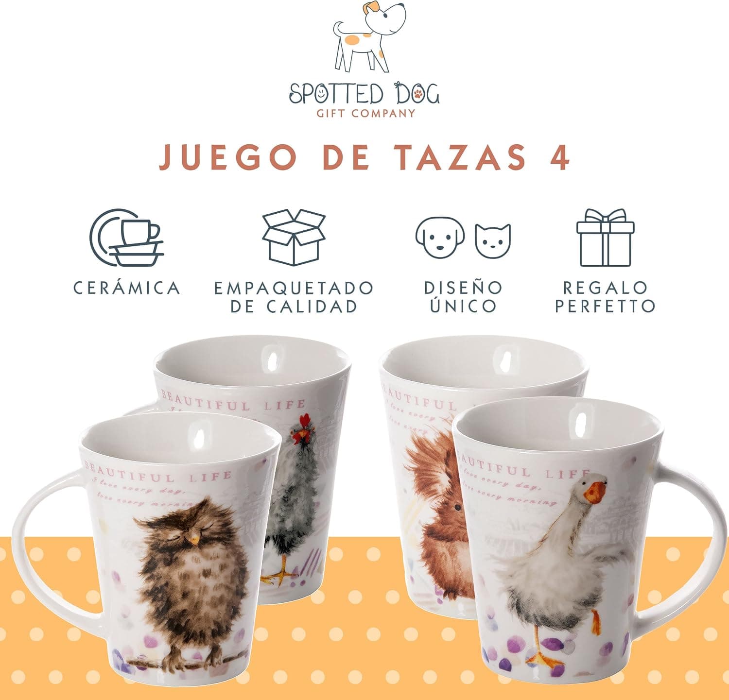 Detalle de las tazas con búho, ardilla, ganso y gallina