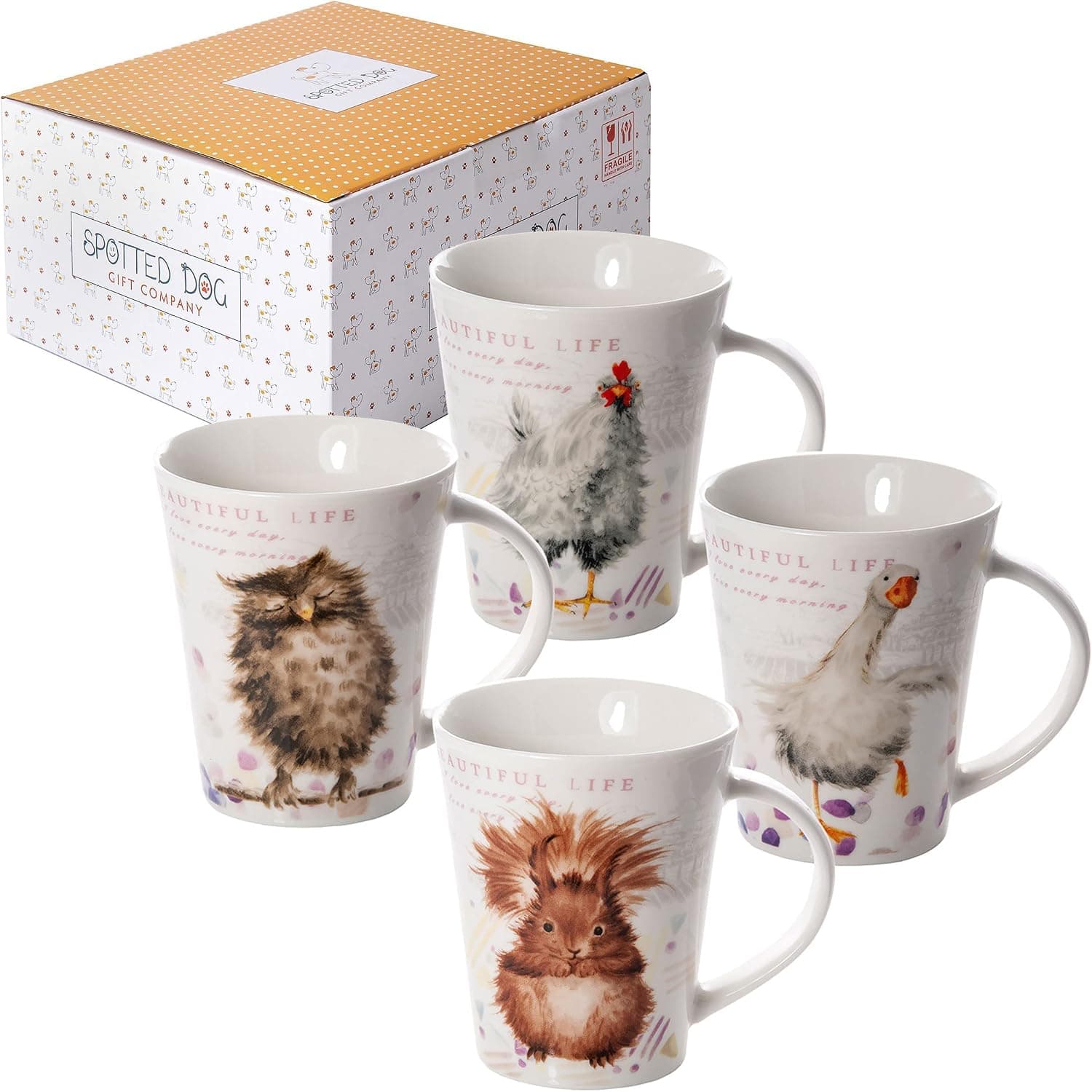 Set de cuatro tazas con diseño de animales de campo