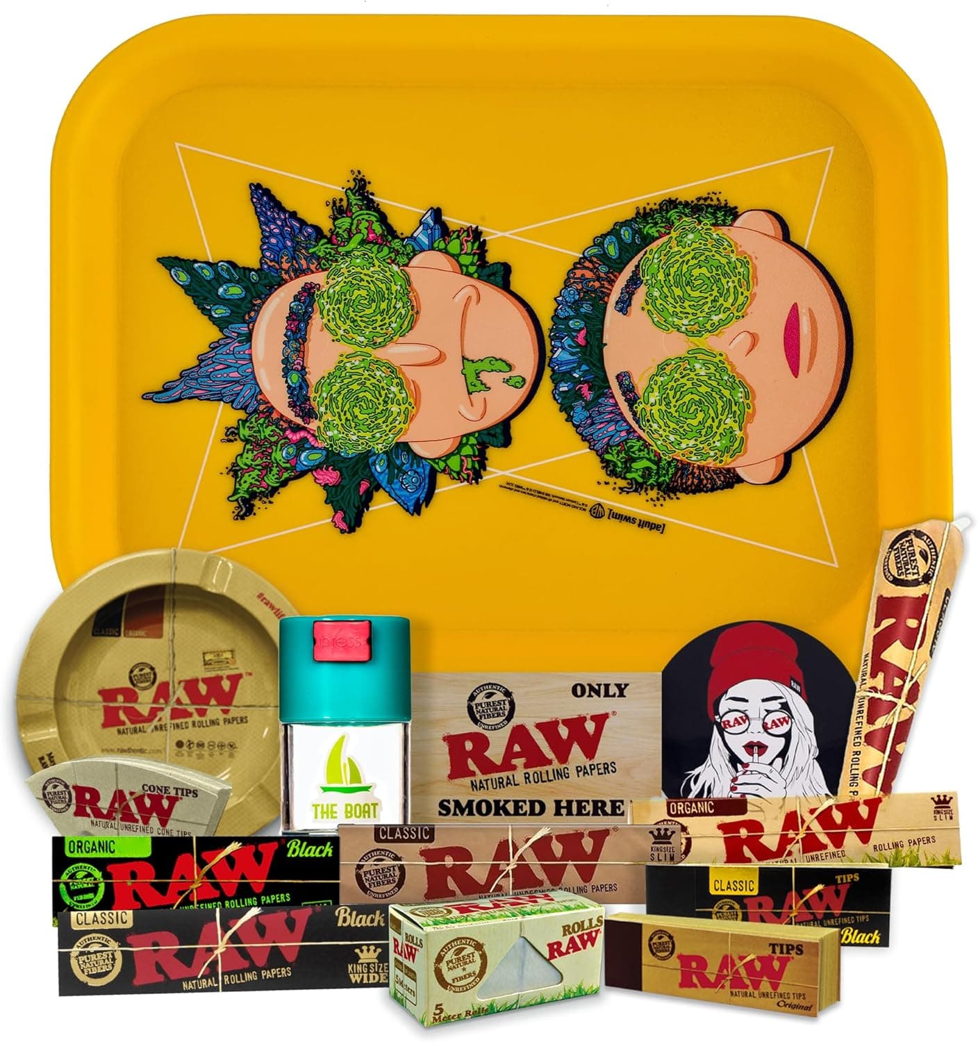 Kit completo con bandeja Rick y Morty, cenicero y bote hermético