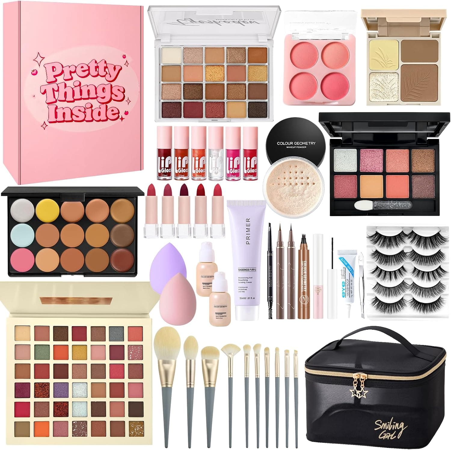 Set completo de maquillaje con paleta de sombras, labiales, brochas, pestañas postizas y neceser negro, todo dentro de una caja rosa