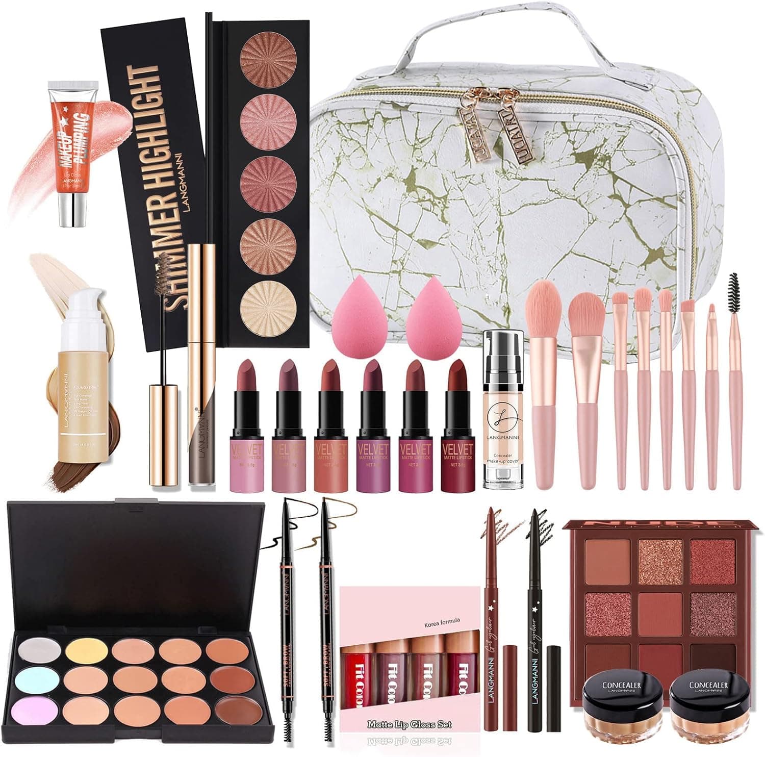 Set completo de maquillaje Langmanni con base, labiales, paletas, brochas y neceser de viaje blanco con estampado de mármol