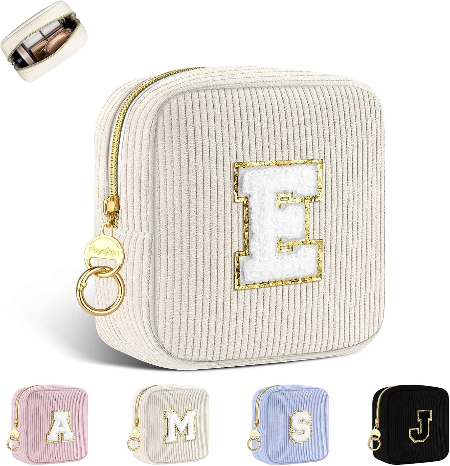 Neceser cuadrado de pana beige con parche bordado de la letra F, junto a otros colores disponibles