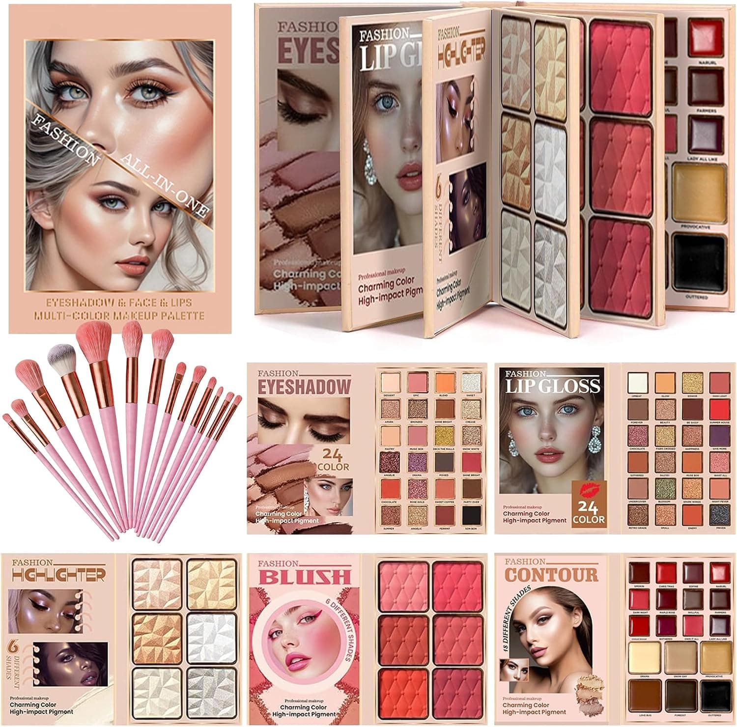Paleta de maquillaje con formato de libro abierto mostrando decenas de sombras de ojos de distintos colores