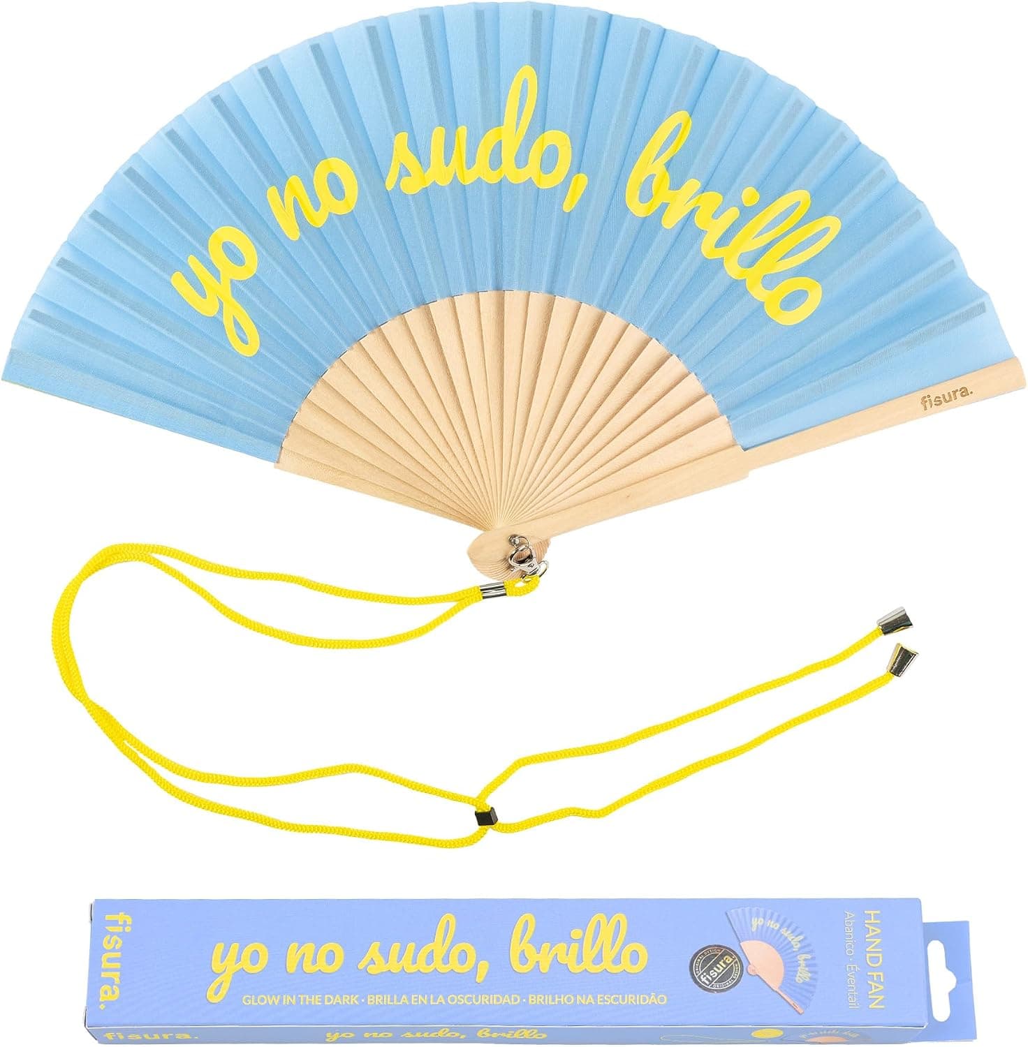 Abanico Yo no sudo, brillo, de Fisura, en azul y amarillo