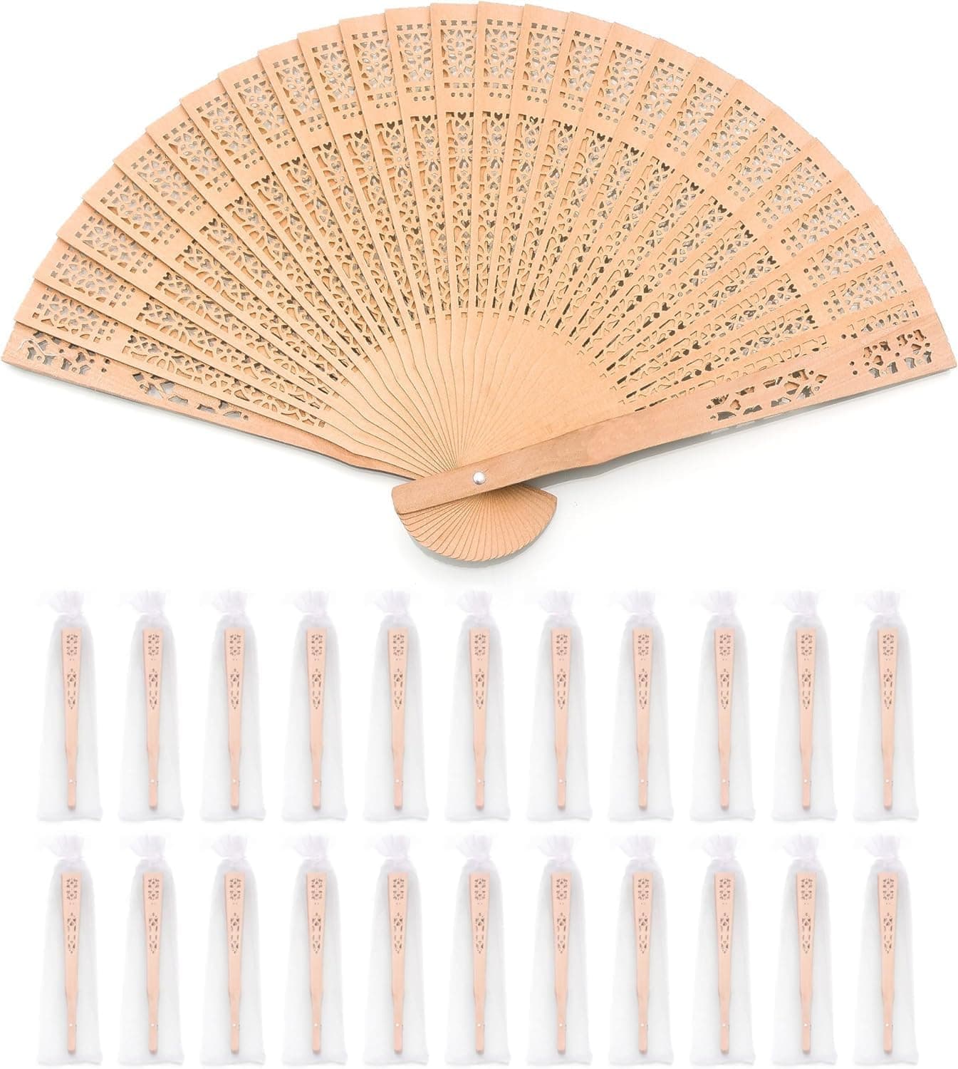 Abanicos de madera natural en bolsas de organza a juego