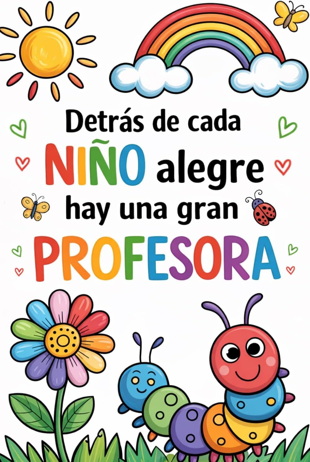 Portada de agenda infantil ilustrada con el mensaje "Detrás de cada niño alegre hay una gran profesora" y dibujos de un sol, un arcoíris y una oruga