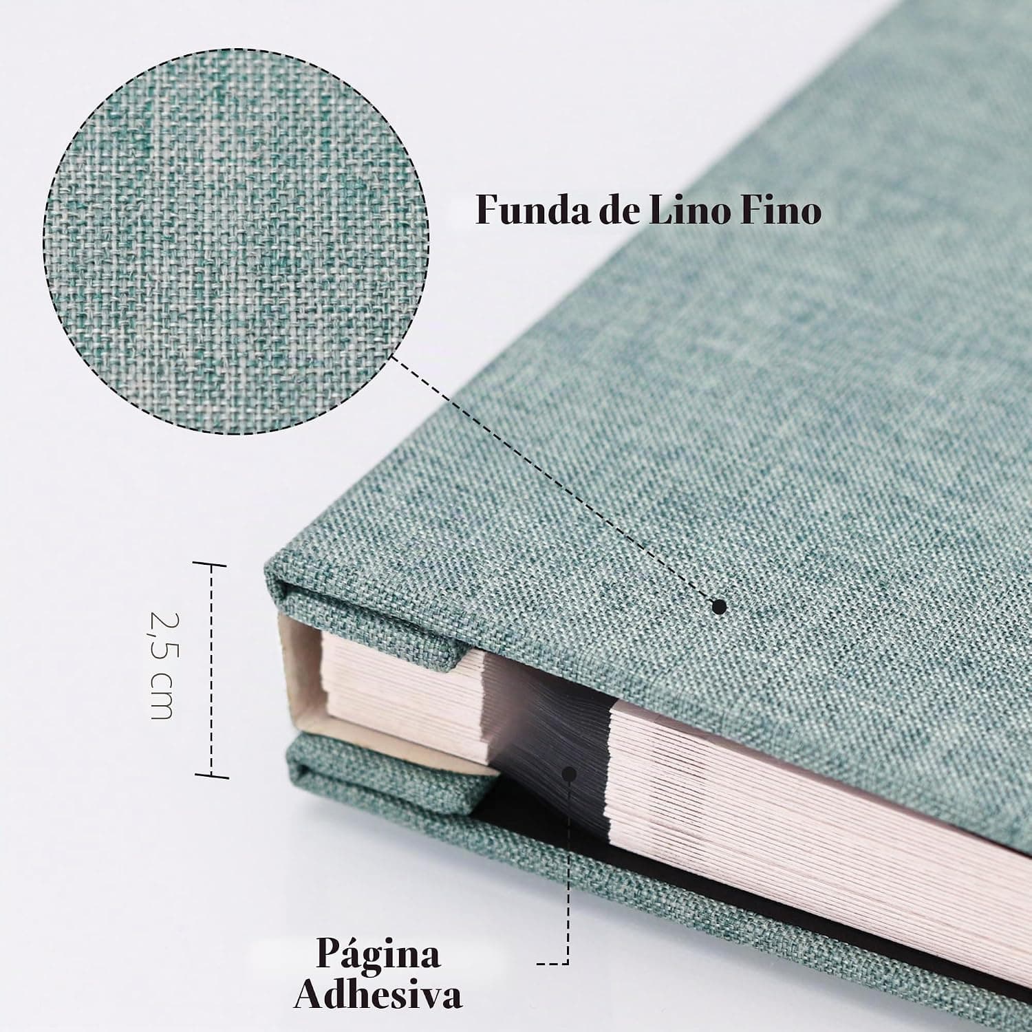 El álbum cerrado, en lino turquesa, con una foto familiar asomando por la ventana de la portada y la carta de colores disponibles al lado
