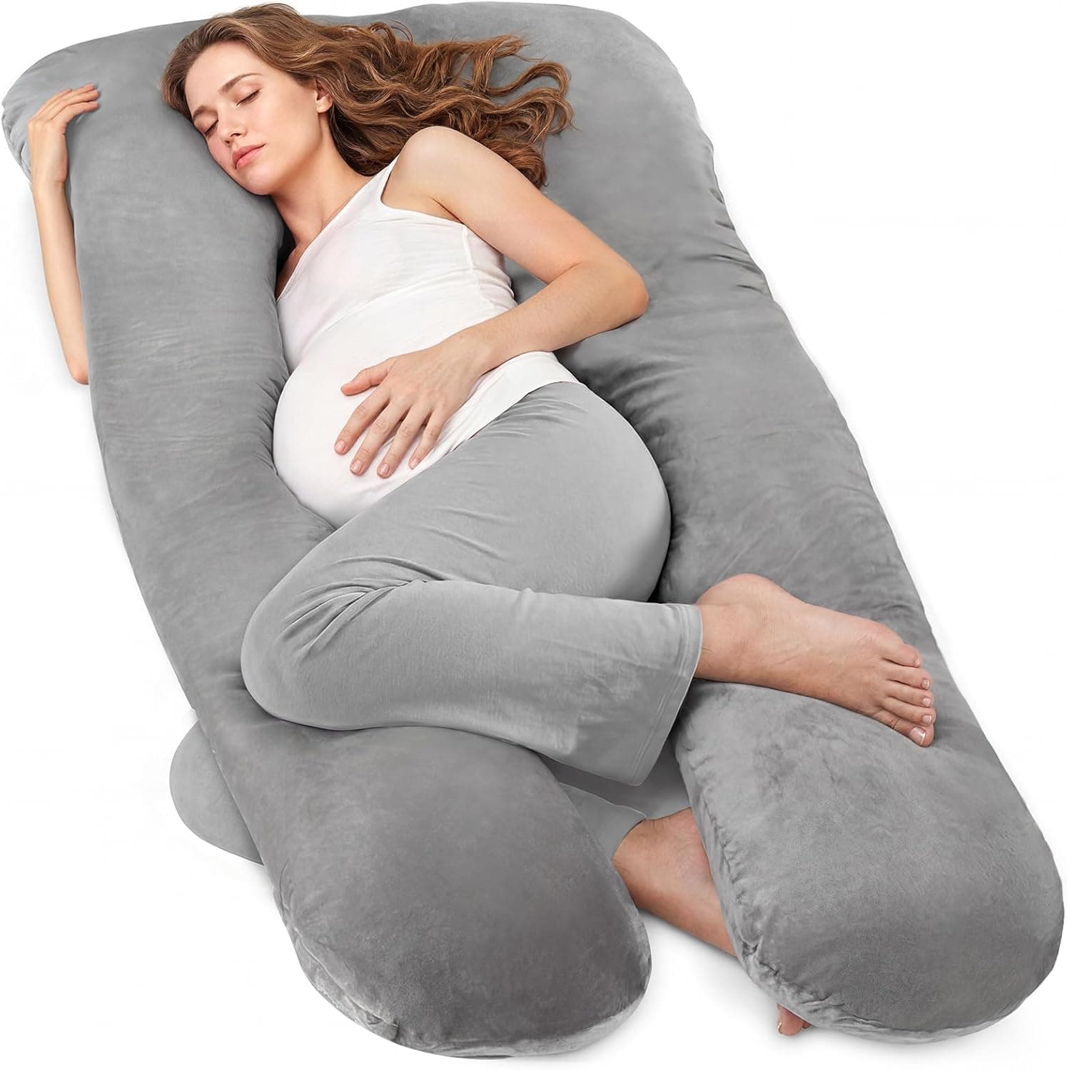 Almohada de embarazo en forma de U con funda de terciopelo gris