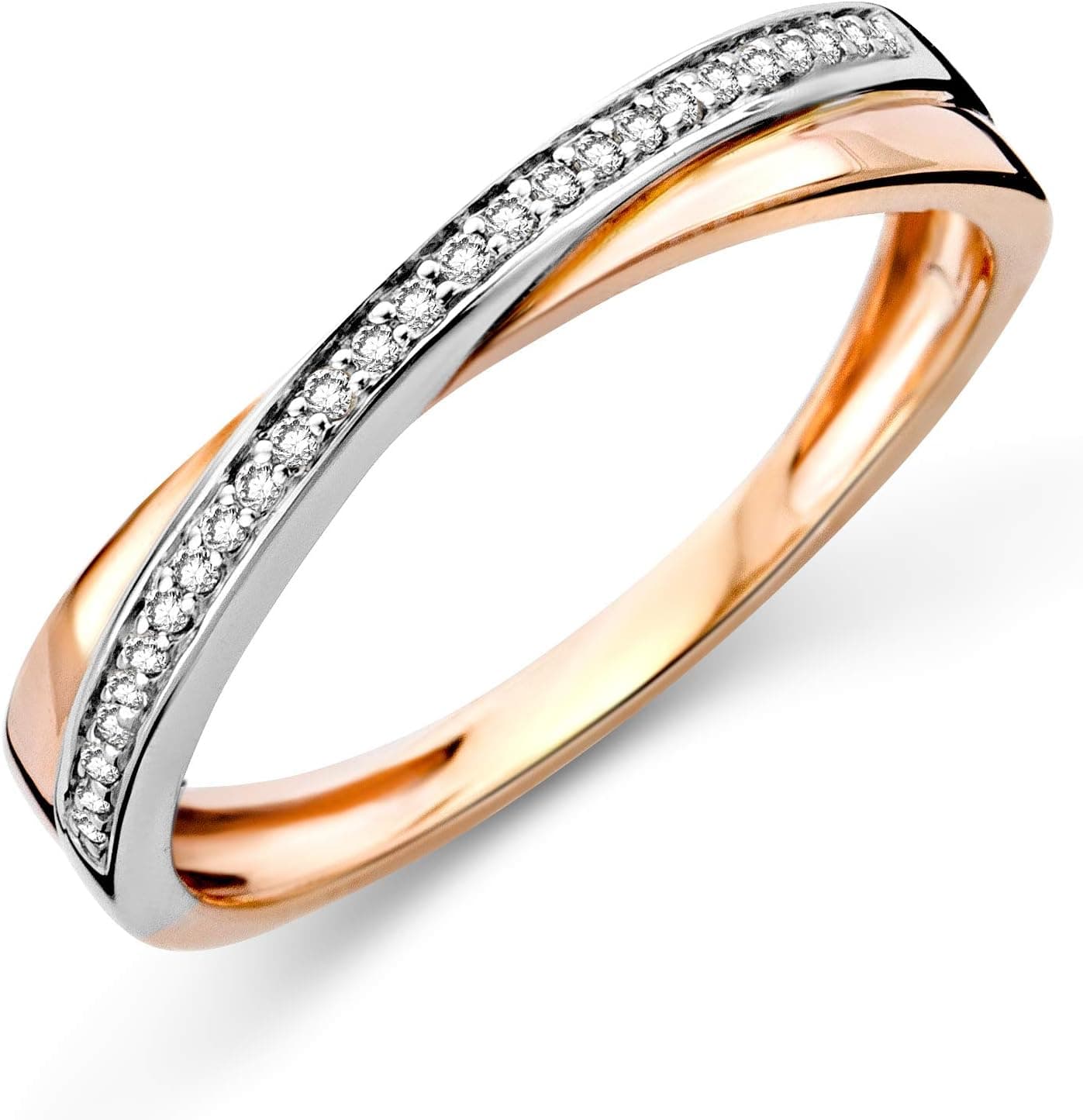 Anillo de compromiso con dos bandas cruzadas de oro blanco y oro rosa, cubiertas de pequeños diamantes engastados