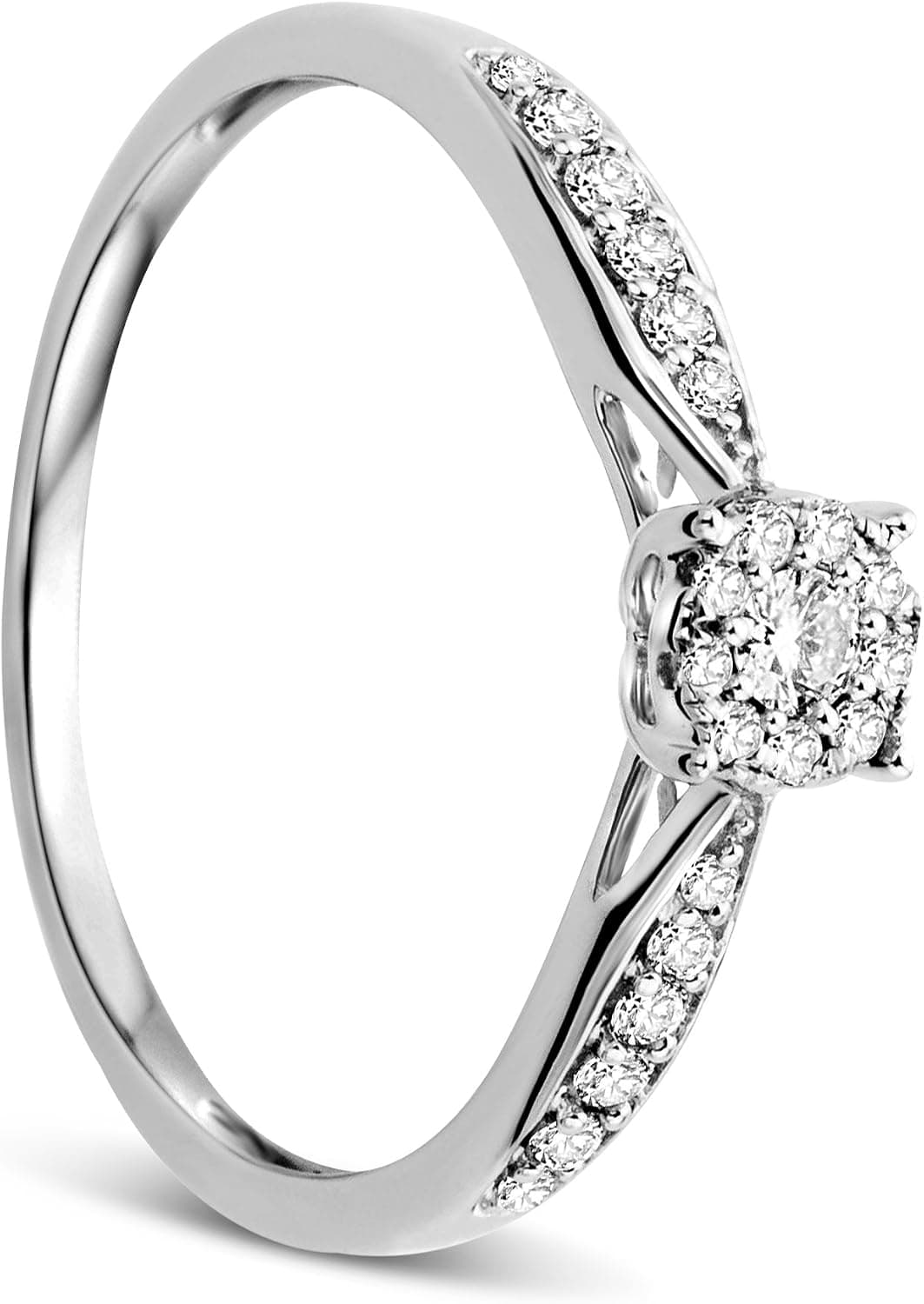 Anillo de compromiso con veintidós diamantes pequeños engastados formando el efecto de una piedra grande, sobre oro blanco