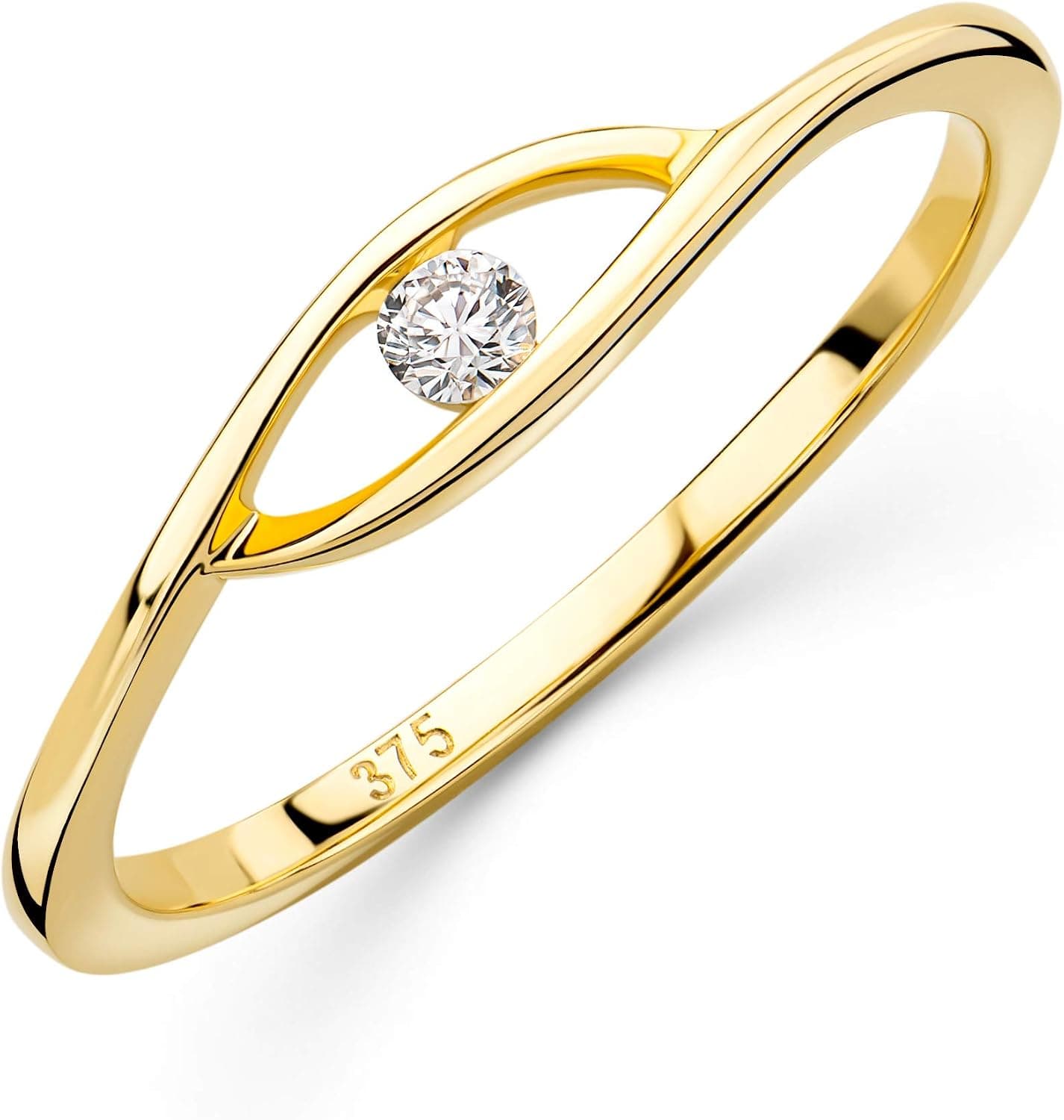 Anillo de compromiso solitario con diamante engastado a tensión sobre banda de oro amarillo