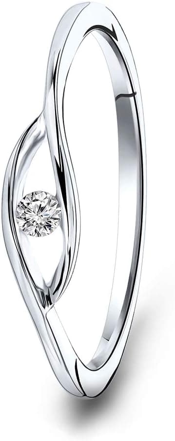 Anillo de compromiso solitario con diamante engastado a tensión, sin garras visibles, sobre banda de oro blanco fina