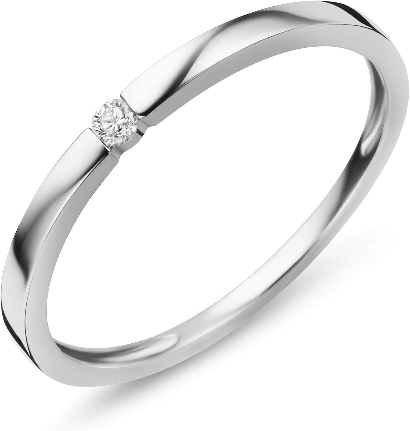 Anillo de compromiso solitario con diamante en garra sobre banda de oro blanco lisa