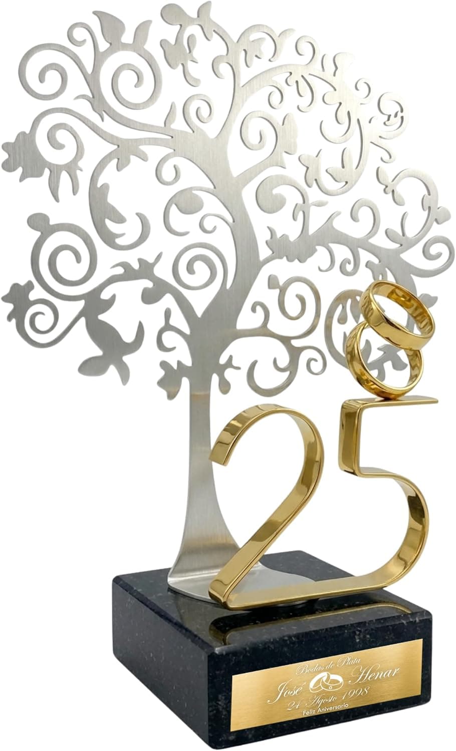 Árbol de la vida de metal sobre base de mármol negro