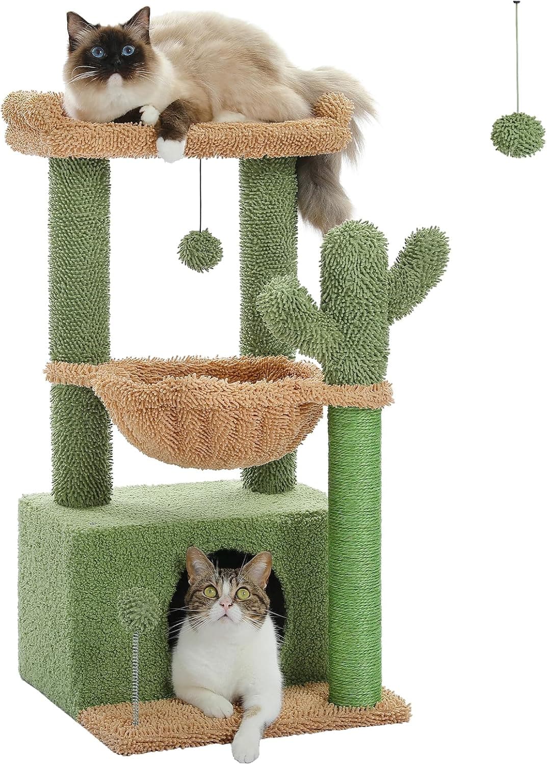 Árbol para gatos verde con forma de cactus, con hamaca y caseta