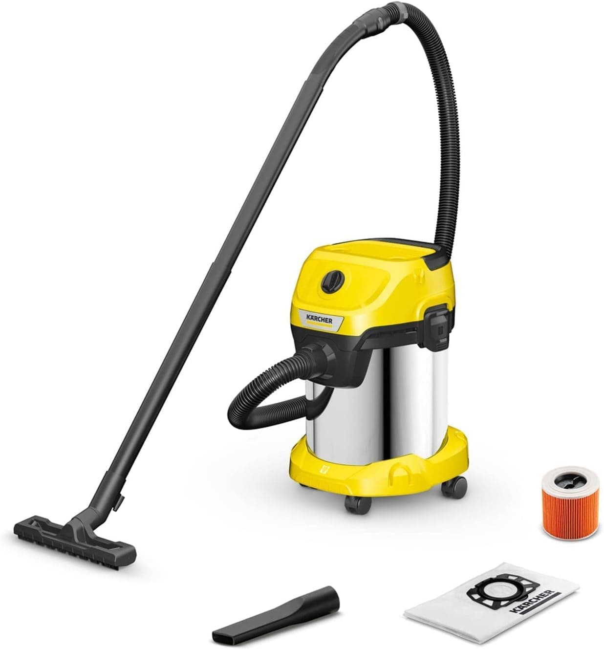 Aspirador Kärcher WD 3 con el depósito de acero inoxidable y la manguera enrollada