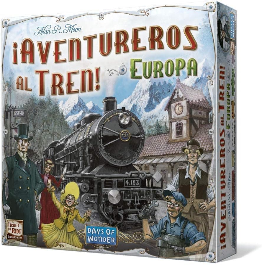 La caja del juego con la locomotora ilustrada y los personajes de época en el andén