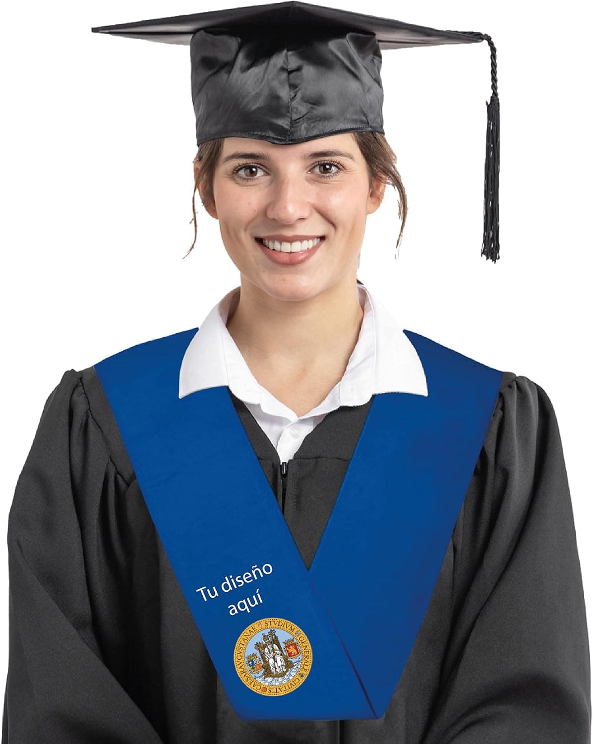 Beca de graduación azul con espacio para diseño personalizado bordado