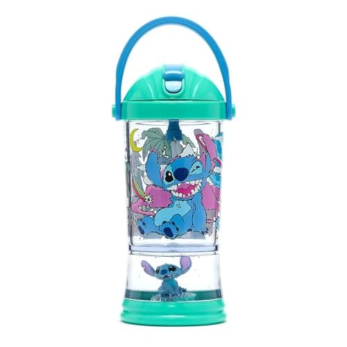 Vaso con base de bola de nieve y una figura de Stitch dentro, con pajita plegable y correa de silicona