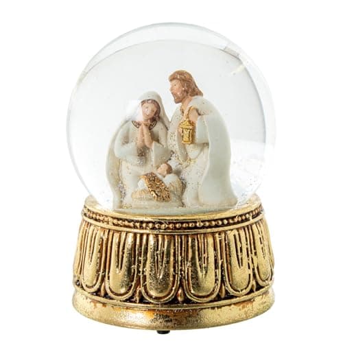 Bola de nieve musical con una figura de Natividad en blanco y dorado