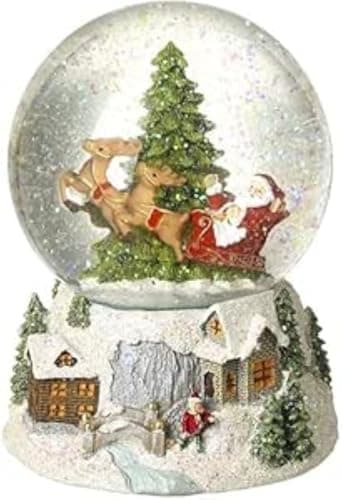 Globo de nieve con Papá Noel en su trineo tirado por un reno, en color blanco