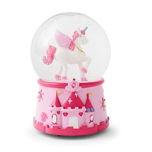 Globo de nieve musical con un unicornio blanco, base decorada con castillos de princesa