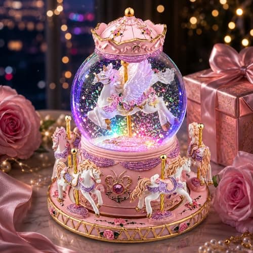 Bola de nieve carrusel con unicornio y caballos, caja de música
