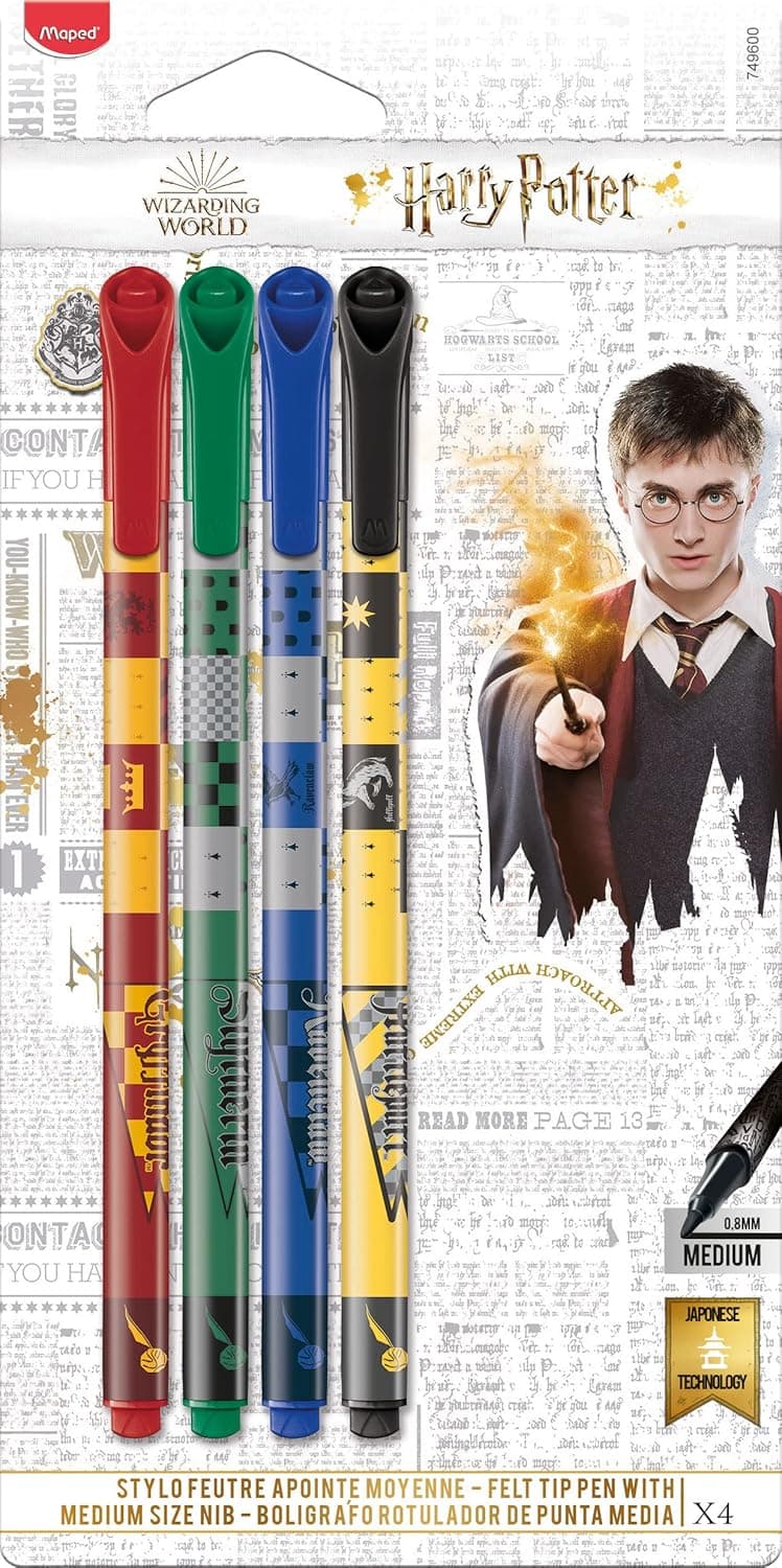 El blíster con los cuatro rotuladores de Gryffindor, Slytherin, Ravenclaw y Hufflepuff junto a Harry Potter