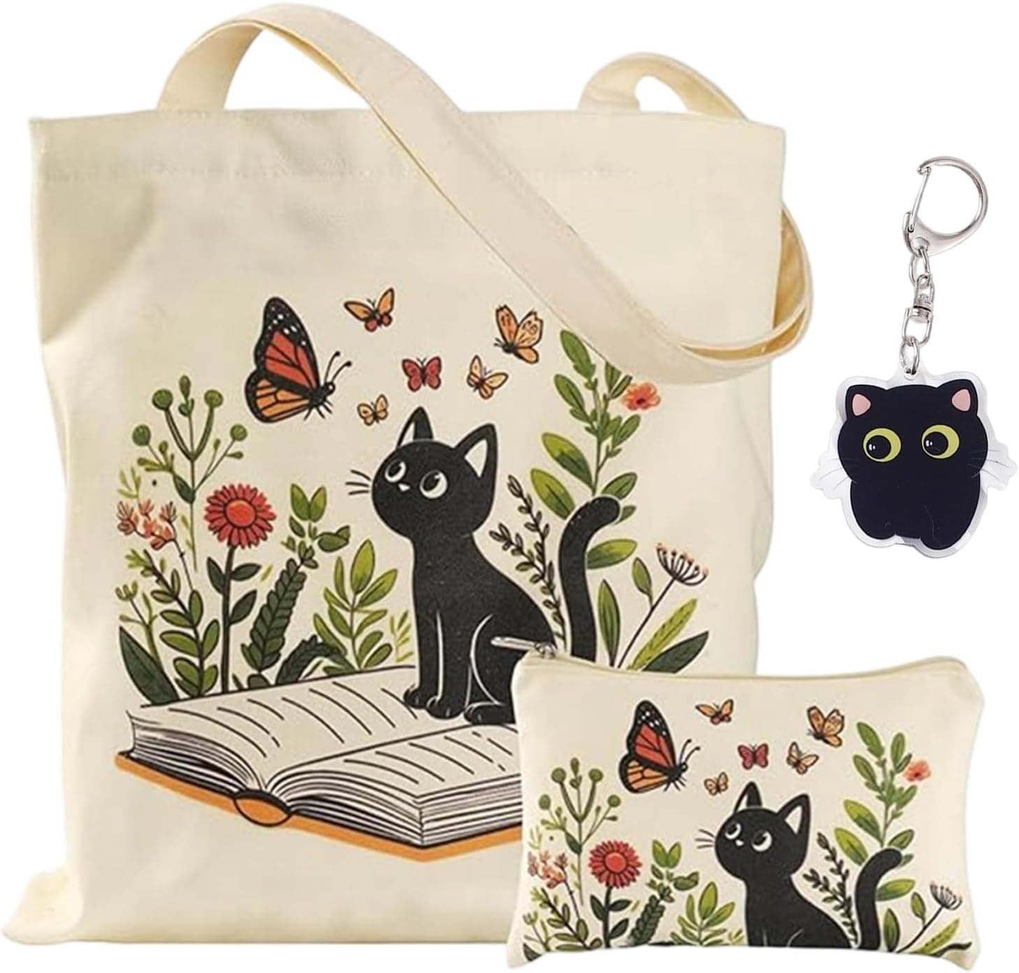 Bolso de tela con ilustración de un gato negro entre flores, con el neceser y el llavero a juego
