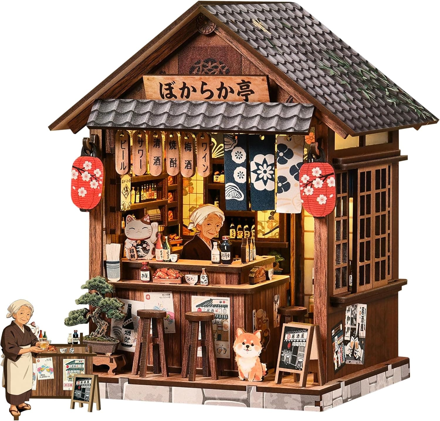 Maqueta de madera de una taberna japonesa iluminada con farolillos rojos y barra de cocinero