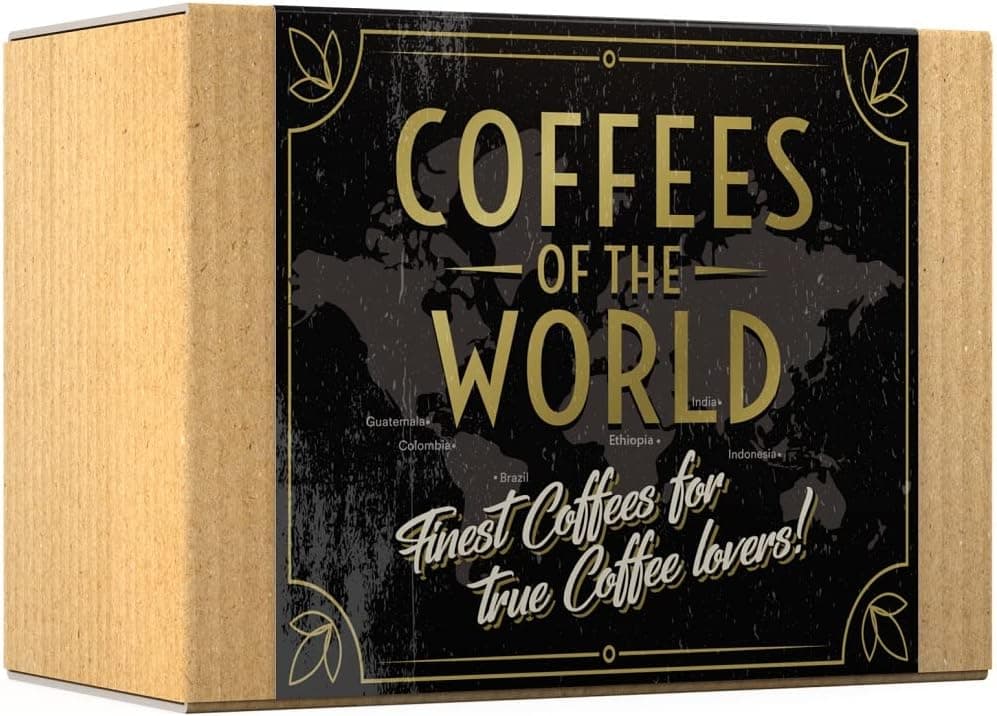 La caja abierta con los seis paquetes de café de pie, cada uno con el animal y el país impresos
