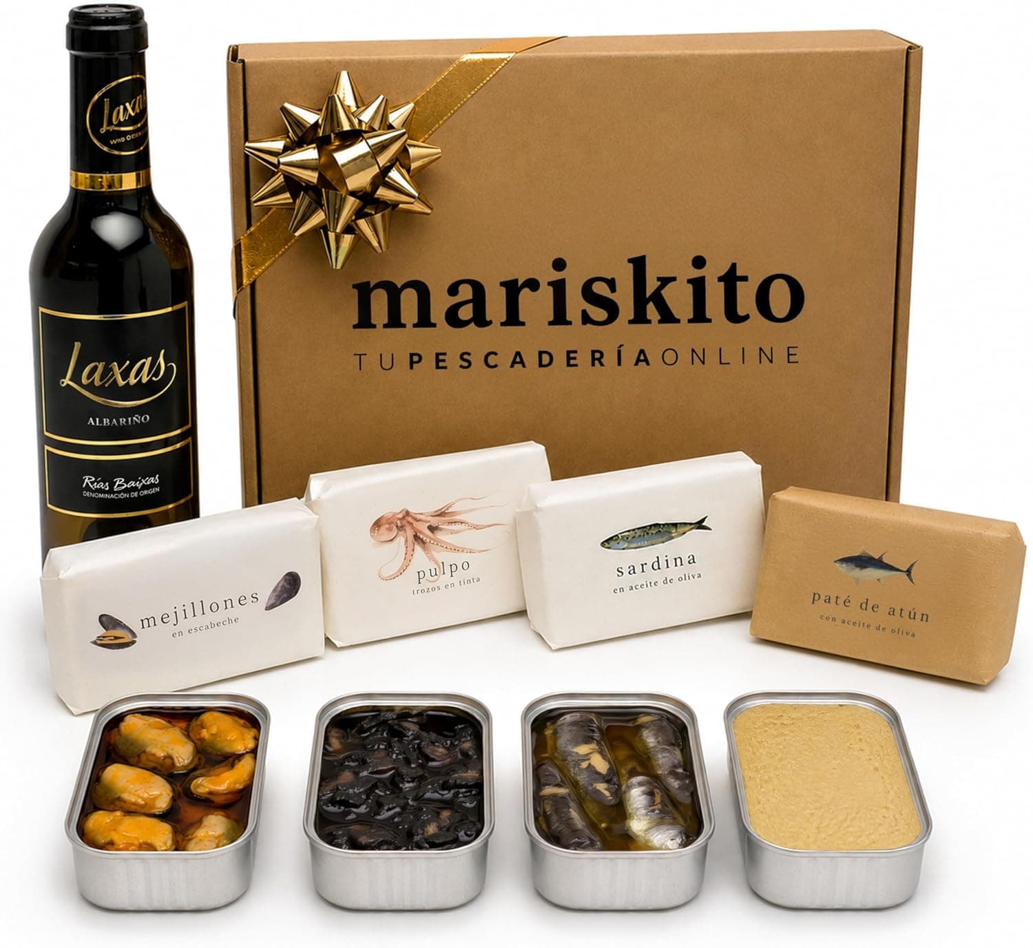 Caja gourmet con vino albariño y conservas gallegas